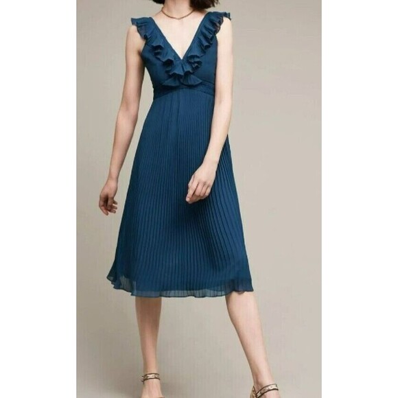Anthropologie Dresses & Skirts - Anthropologie PL Pleated Isere Ruffled Blue V-Neck Dress by Lucy Paris